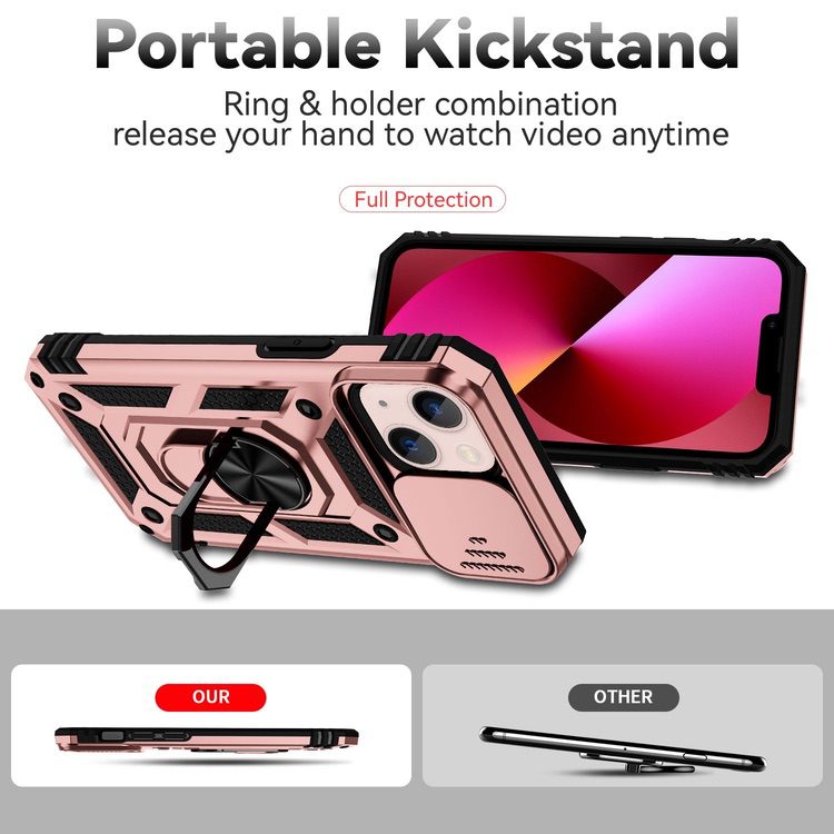 iPhone 14 Case With Camera Shield Cover & Ring Holder - Rose Gold