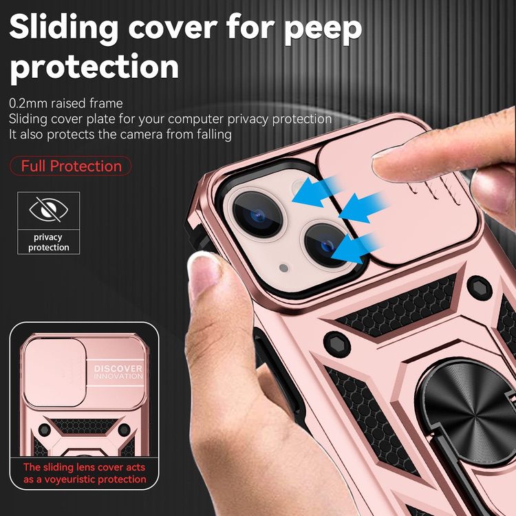 iPhone 14 Case With Camera Shield Cover & Ring Holder - Rose Gold