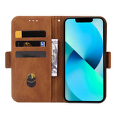iPhone 14 Plus Case Embossing Stripe RFID Secure Wallet - Brown