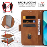 iPhone 14 Plus Case Embossing Stripe RFID Secure Wallet - Brown