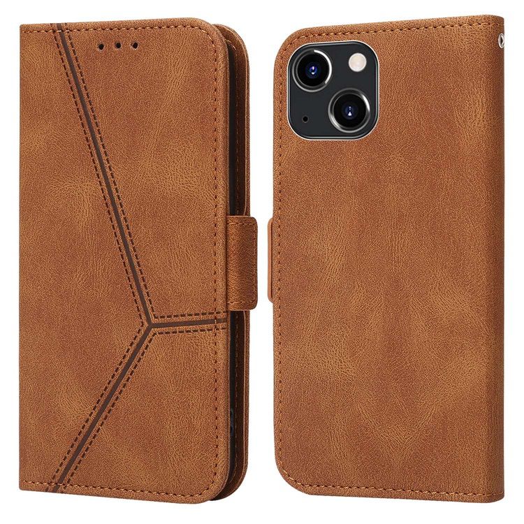 iPhone 14 Plus Case Embossing Stripe RFID Secure Wallet - Brown