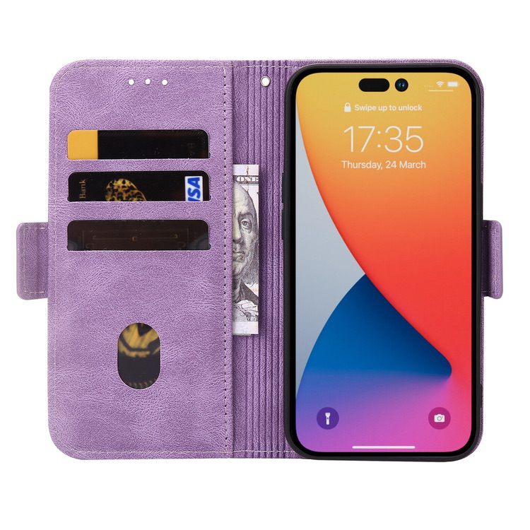 iPhone 14 Pro Case Embossing Stripe RFID Secure Flip Wallet - Purple