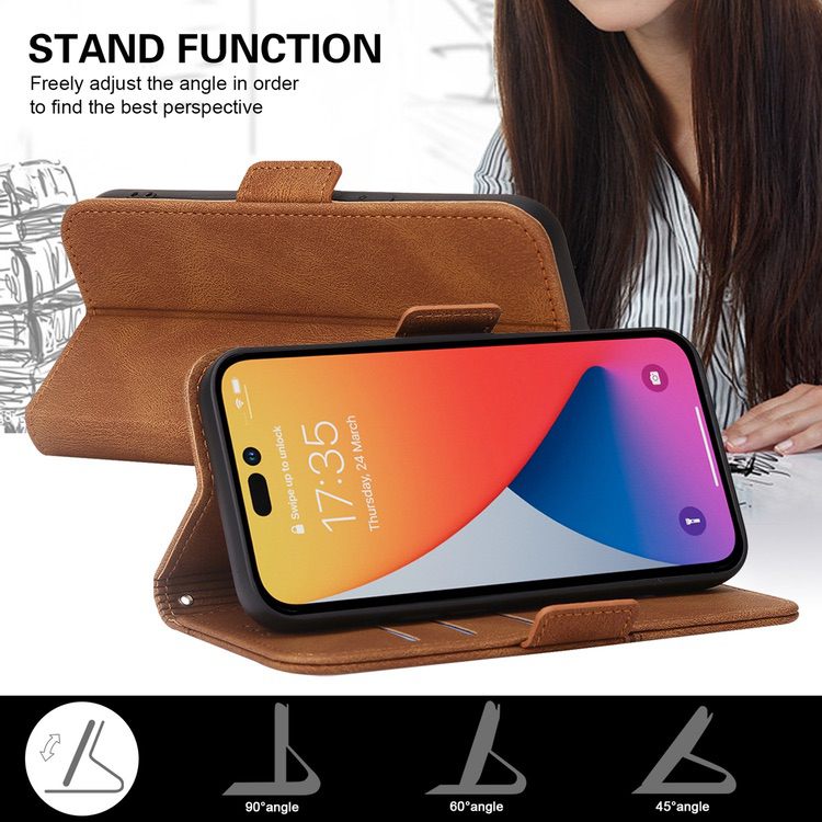 iPhone 14 Pro Max Case Embossing Stripe RFID Secure Wallet - Brown