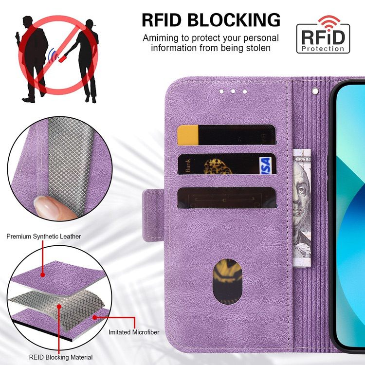 iPhone 14 Pro Max Case Embossing Stripe RFID Secure Wallet - Purple