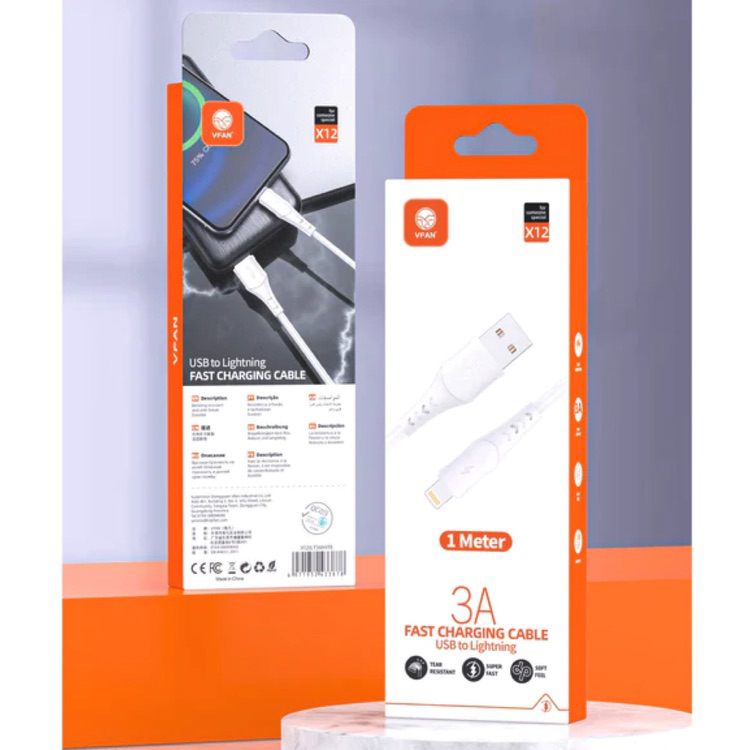 Lightning Cable 1M VIPFAN USB 3A Fast Charge - White