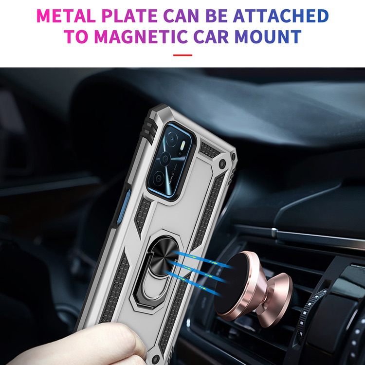 OPPO A16 Case Shockproof with Metal Ring Holder - Silver