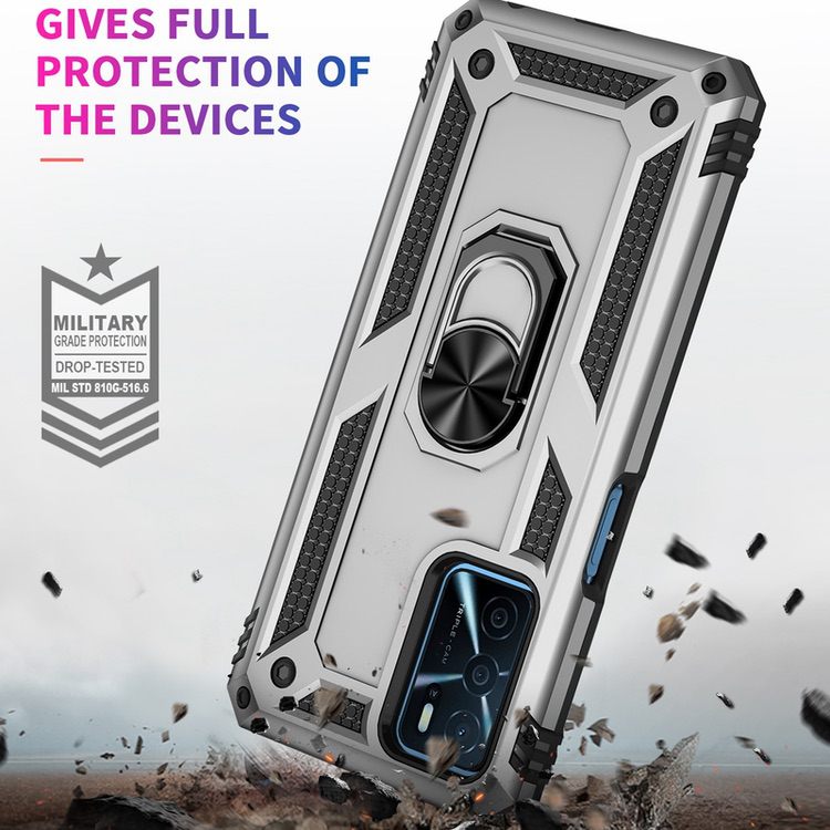 OPPO A16 Case Shockproof with Metal Ring Holder - Silver