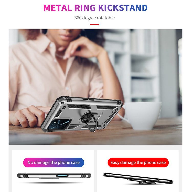 OPPO A16 Case Shockproof with Metal Ring Holder - Silver