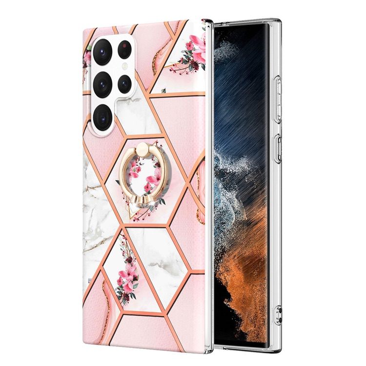Samsung Galaxy S23 Ultra 5G Case Splicing Marble IMD - Pink Flower