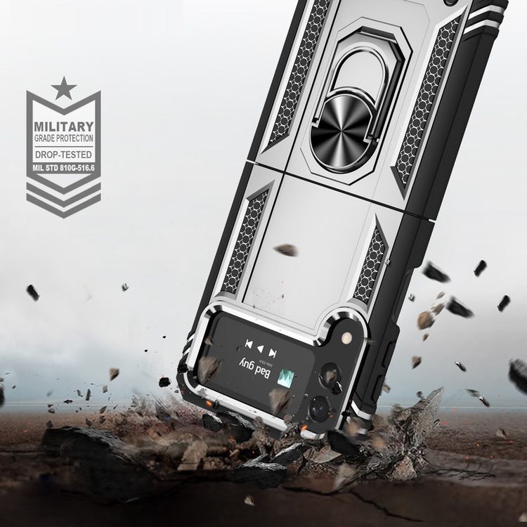 Samsung Galaxy Z Flip 4 5G Case Shockproof with Metal Ring Holder - Silver