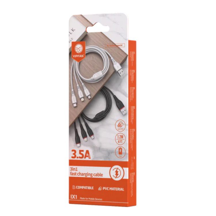 USB C, Lightning, Micro USB 3 IN 1 Fast Charging Cable - 1.2M